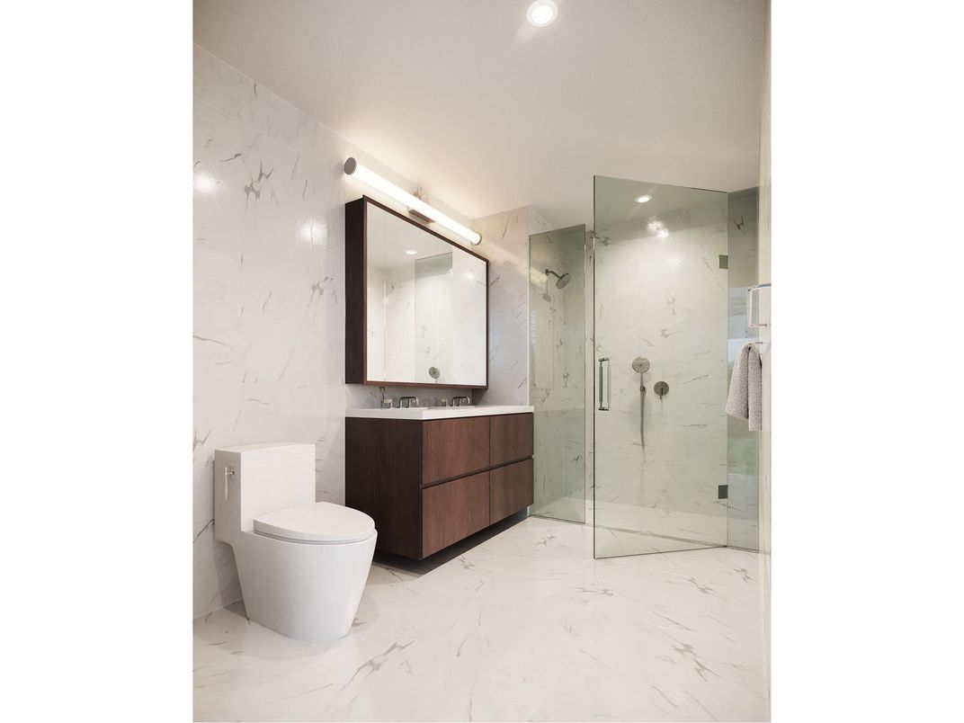 Bathroom, Glass Shower, Interior, Marble, Marble Walls, Recessed Lighting