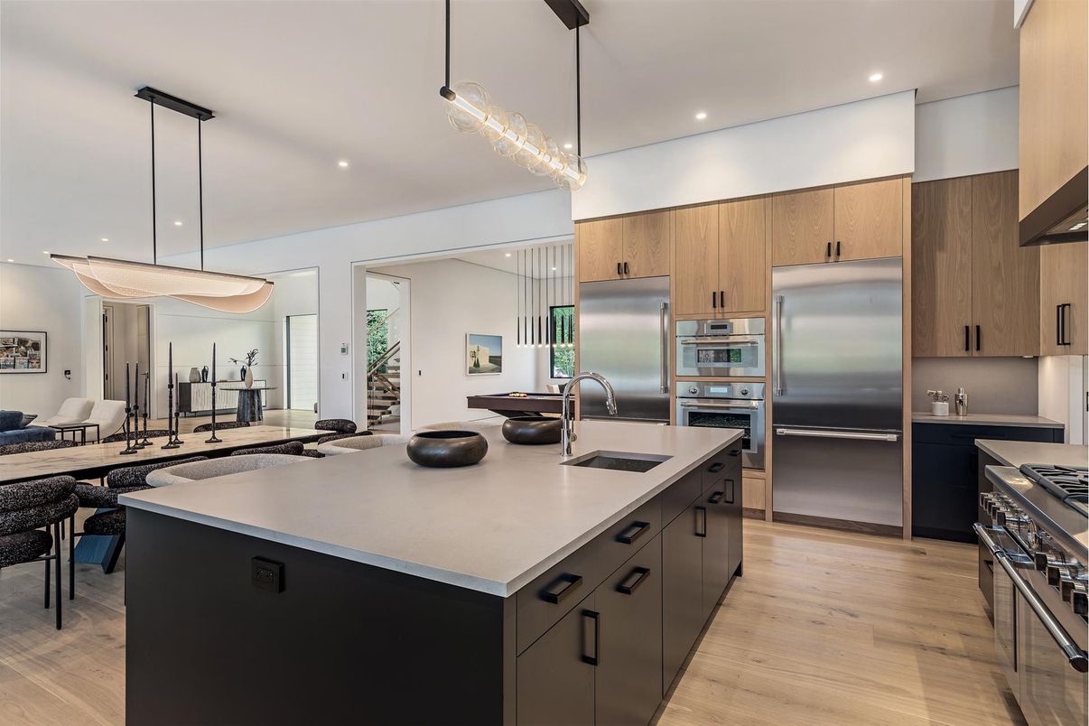 Chandelier, Interior, Kitchen, Pendant Lights, Recessed Lighting, Stainless Steel Appliances, Wood Texture Flooring