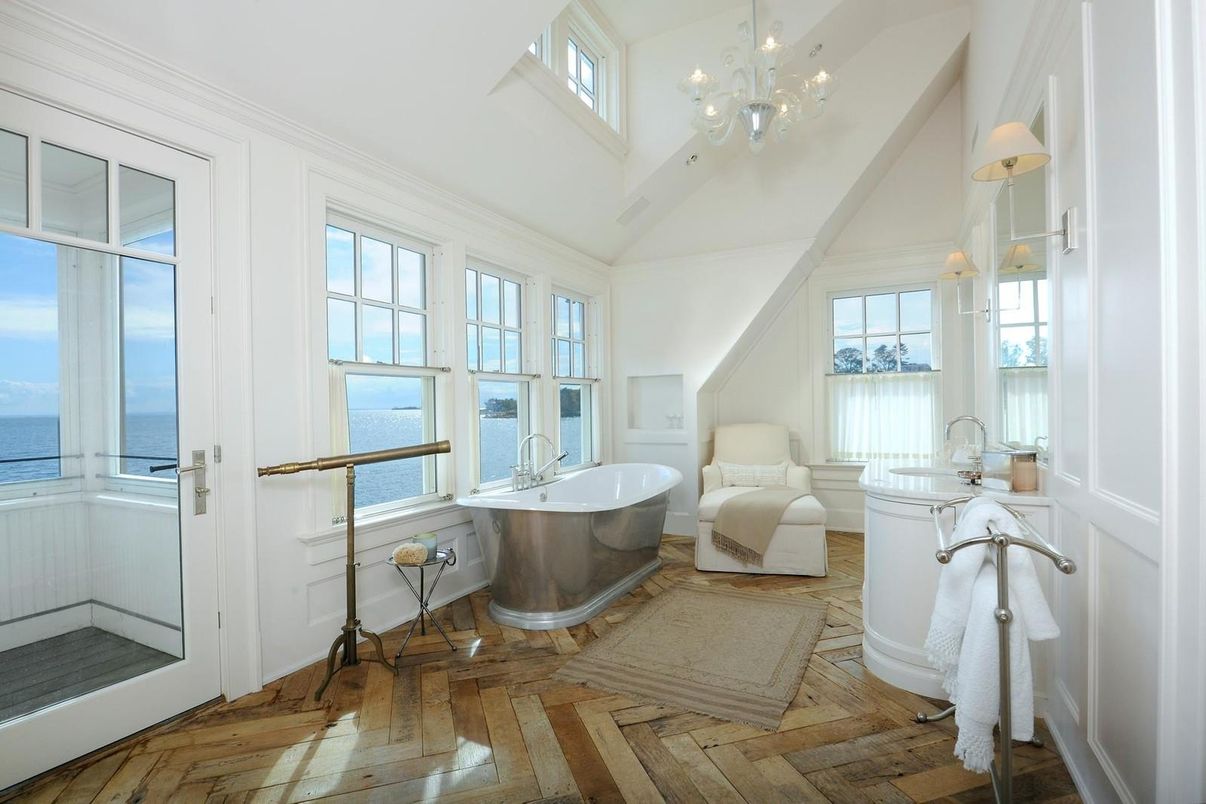 Bathroom, Chandelier, Free Standing Baths, Interior, Water, Wood Texture Flooring