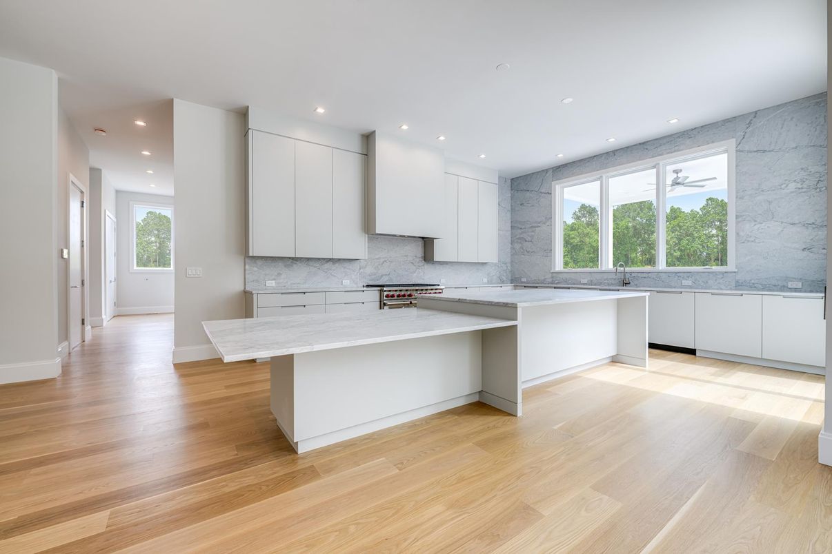 Interior, Kitchen, Marble Walls, Recessed Lighting, Wood Texture Flooring