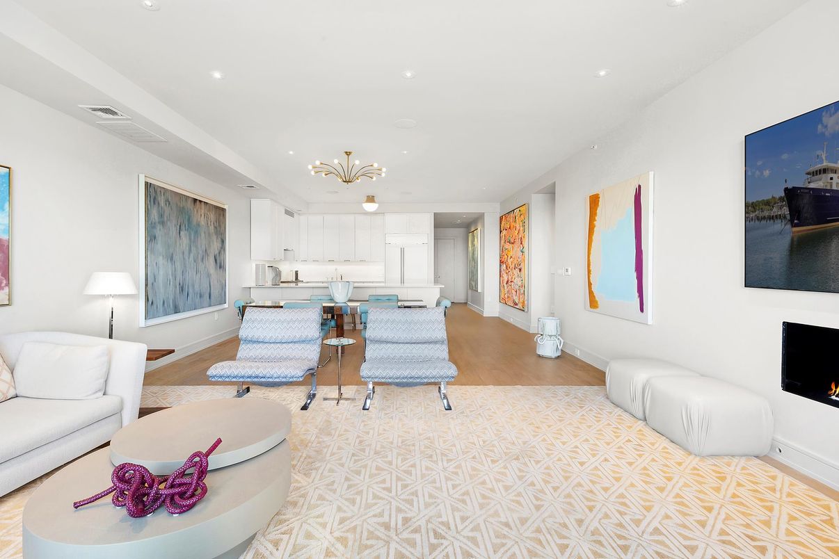 Dining room, Fireplace, Interior, Kitchen, Living room, Pendant Lights, Recessed Lighting, Wood Texture Flooring