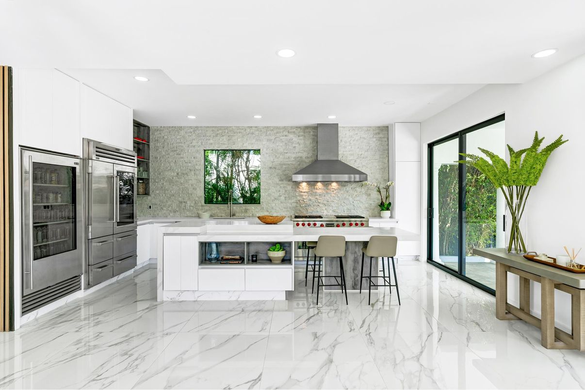 Interior, Kitchen, Marble, Recessed Lighting, Stainless Steel Appliances, Stone Walls