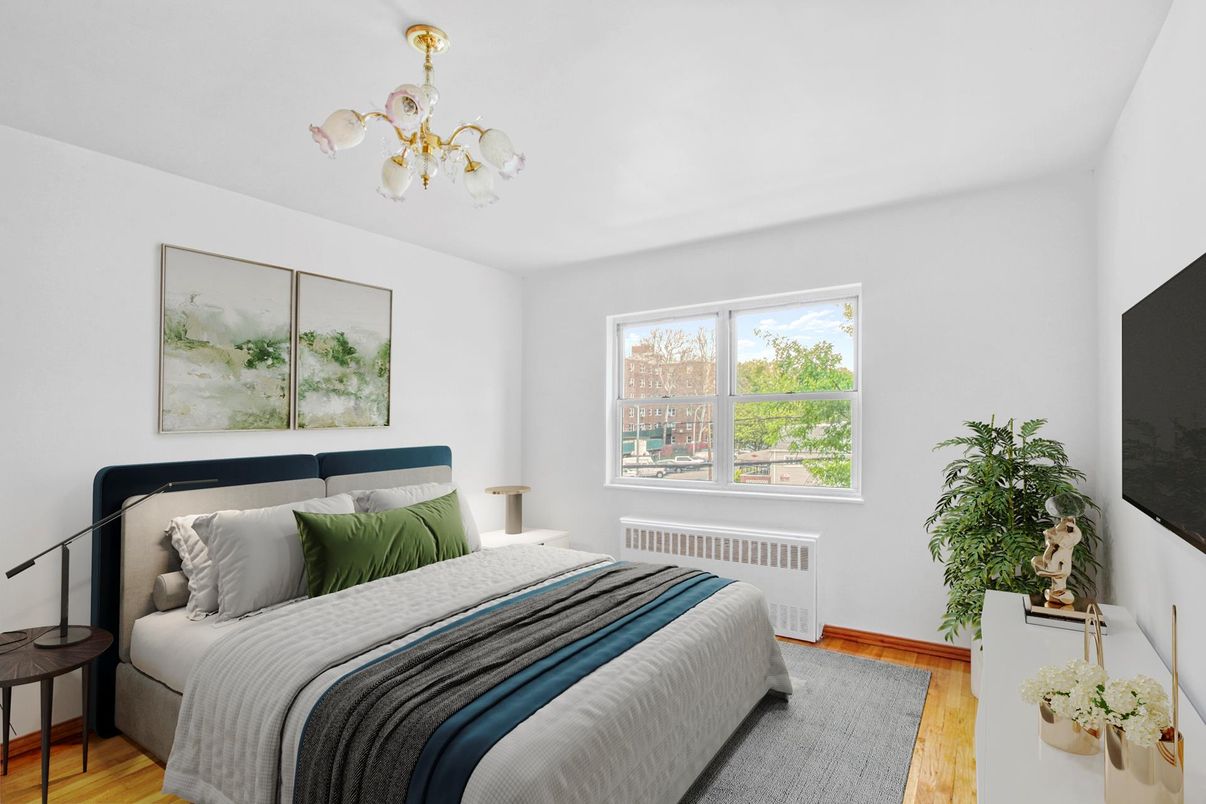 Bedroom, Chandelier, Interior, Wood Texture Flooring