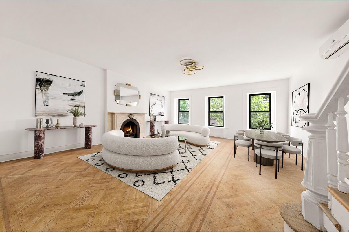 Dining room, Fireplace, Interior, Living room, Wood Texture Flooring