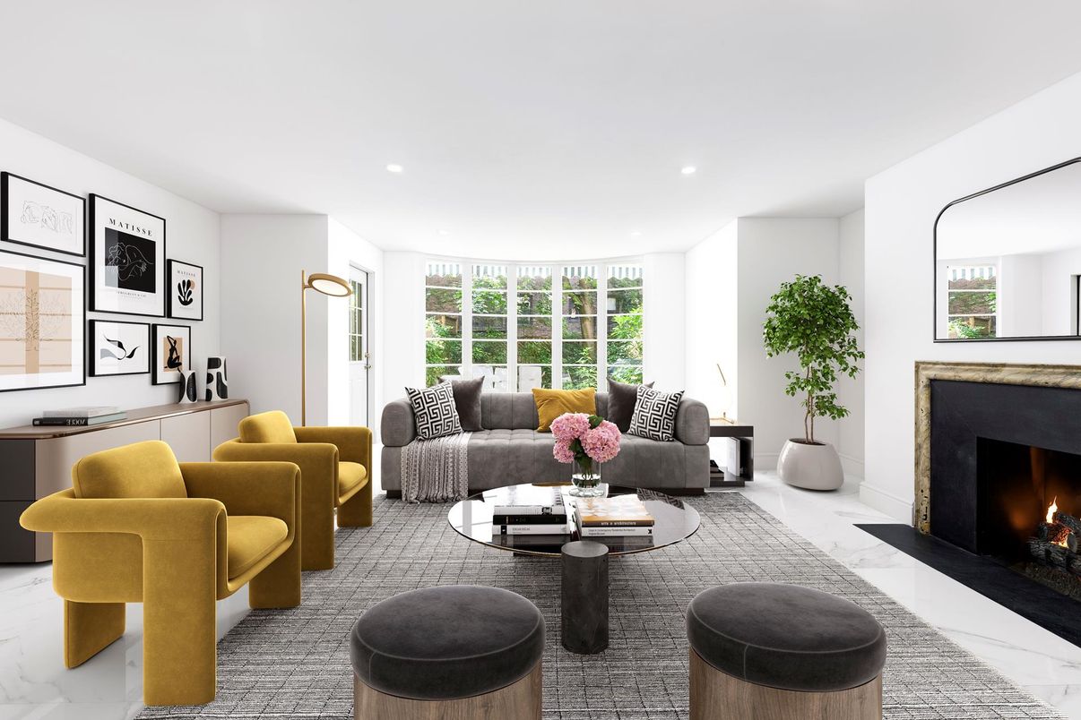Fireplace, Interior, Living room, Marble, Recessed Lighting