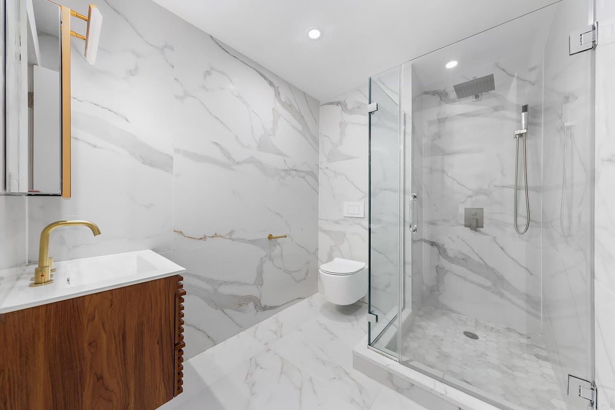 Bathroom, Glass Shower, Interior, Marble, Marble Walls, Recessed Lighting