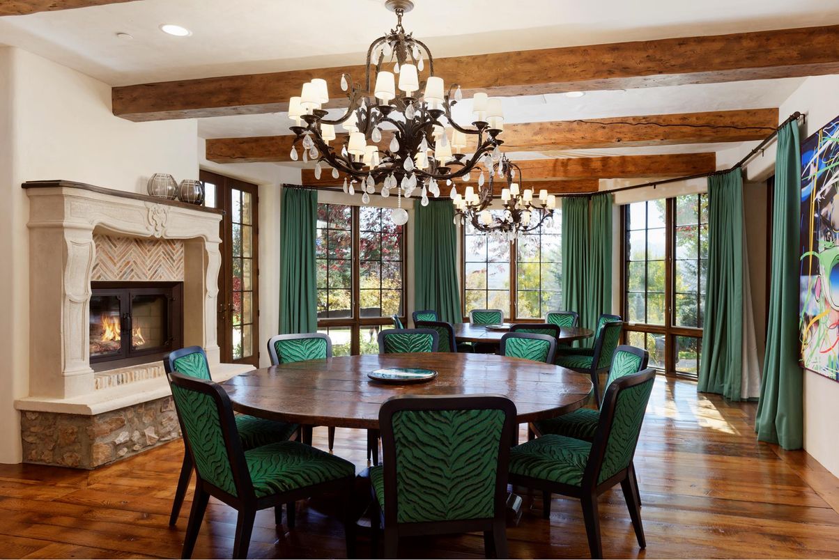 Chandelier, Dining room, Fireplace, Interior, Recessed Lighting, Wooden Beams, Wood Texture Flooring