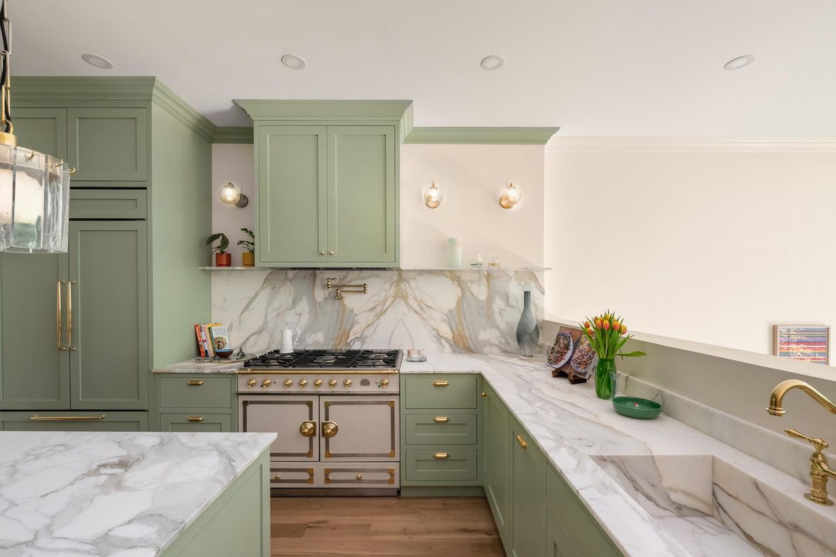 Interior, Kitchen, Marble Walls, Recessed Lighting, Wood Texture Flooring