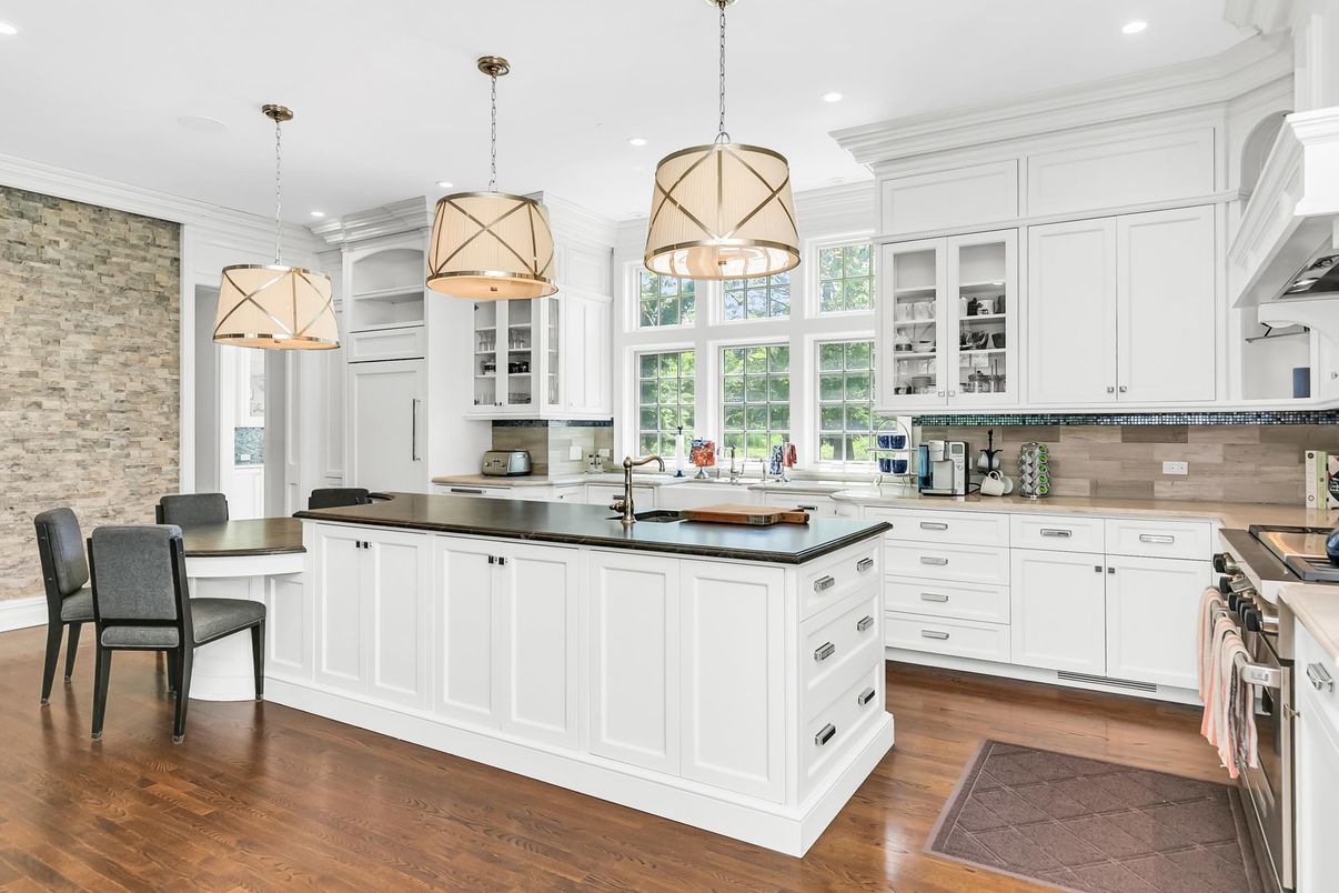 Interior, Kitchen, Pendant Lights, Recessed Lighting, Stainless Steel Appliances, Stone Walls, Wood Texture Flooring