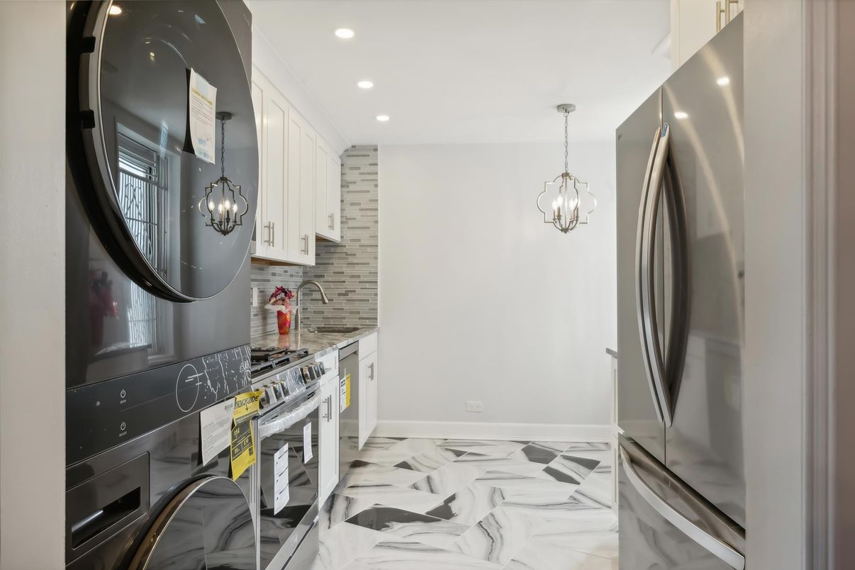 Interior, Kitchen, Marble, Pendant Lights, Recessed Lighting, Stainless Steel Appliances