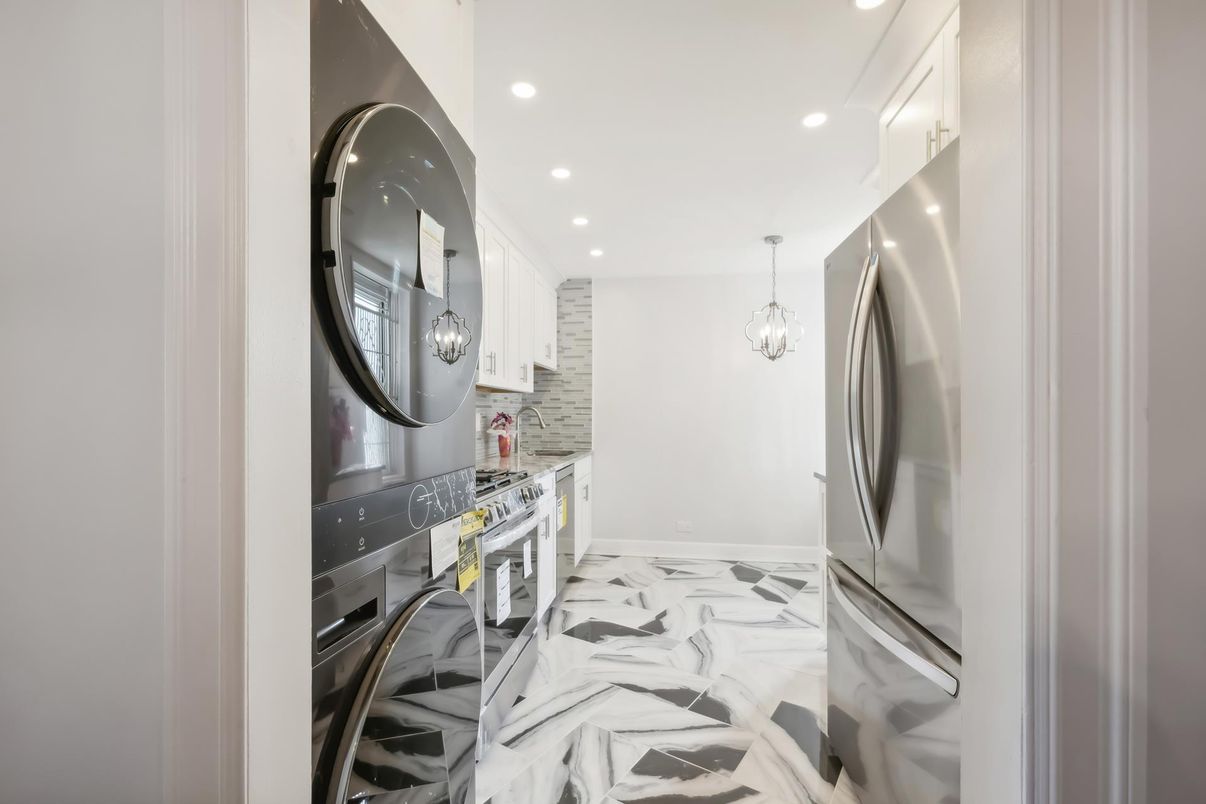 Interior, Kitchen, Marble, Pendant Lights, Recessed Lighting, Stainless Steel Appliances