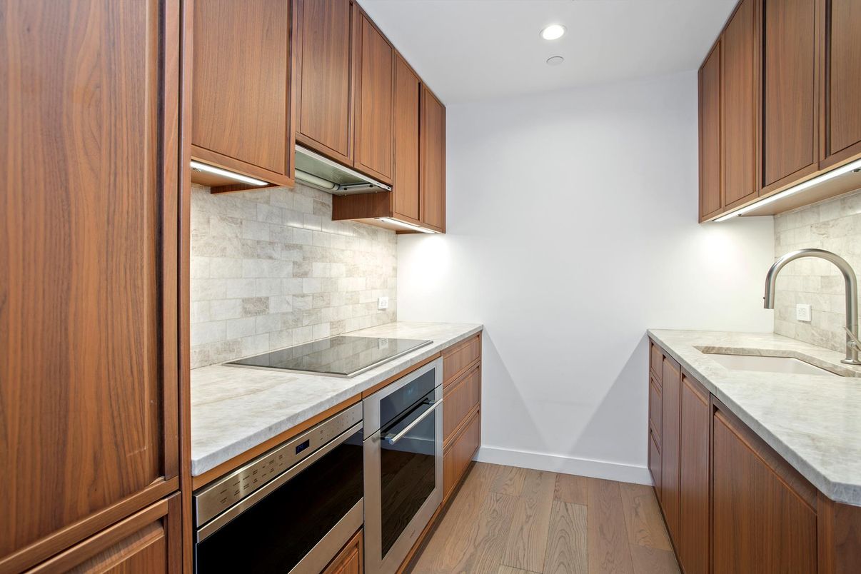 Interior, Kitchen, Recessed Lighting, Stone Walls, Wood Texture Flooring