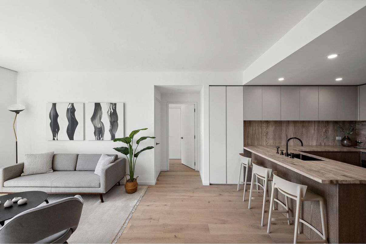Interior, Kitchen, Living room, Recessed Lighting, Wood Texture Flooring