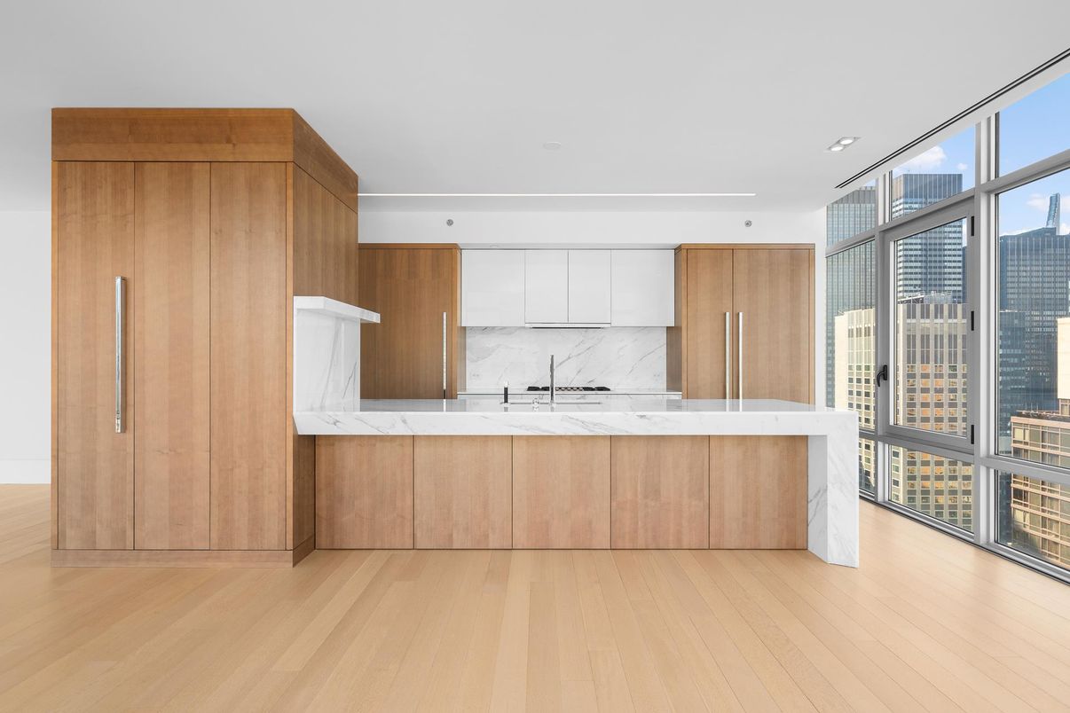 Interior, Kitchen, Marble Walls, Recessed Lighting, Wood Texture Flooring