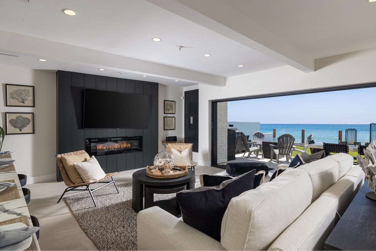 Fireplace, Interior, Living room, Recessed Lighting, Water, Wood Texture Flooring