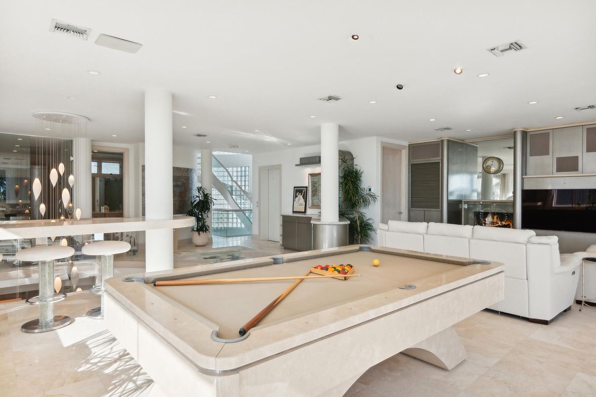 Billiard Table, Fireplace, Game Room, Interior, Living room, Pendant Lights, Recessed Lighting