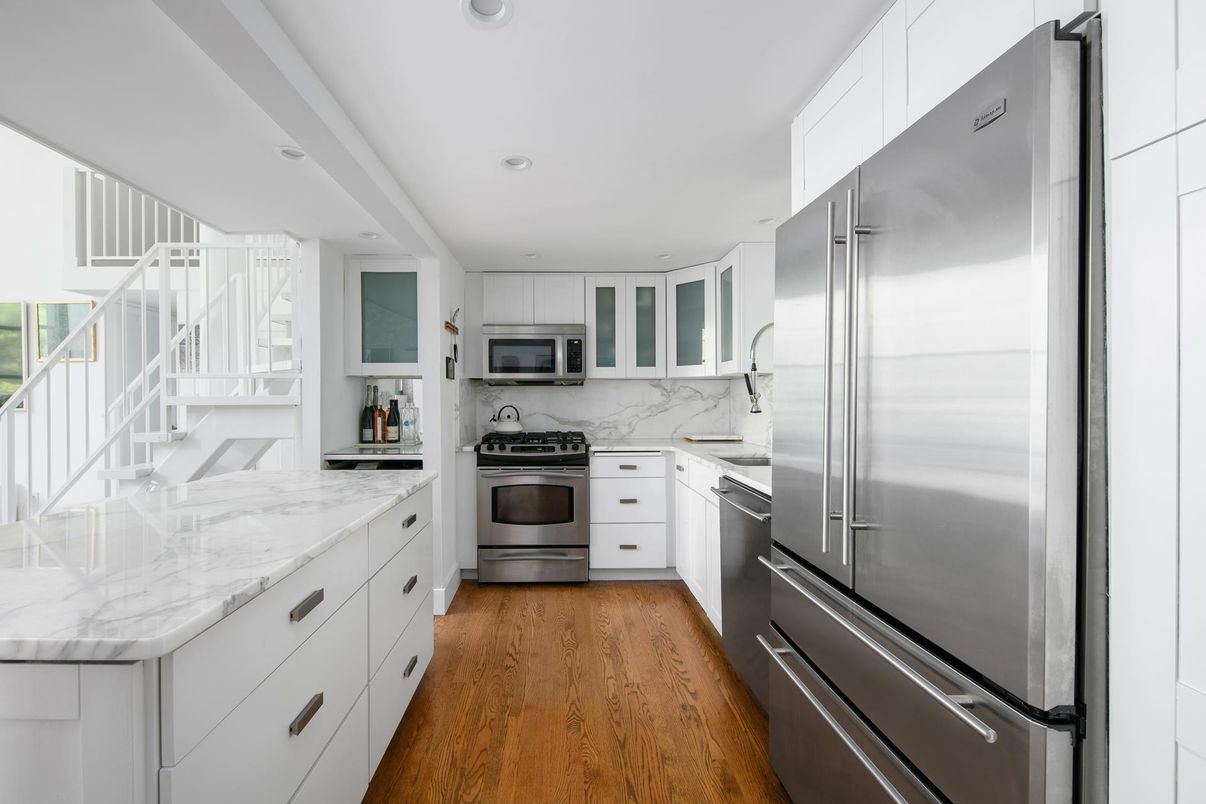 Interior, Kitchen, Recessed Lighting, Stainless Steel Appliances, Wood Texture Flooring