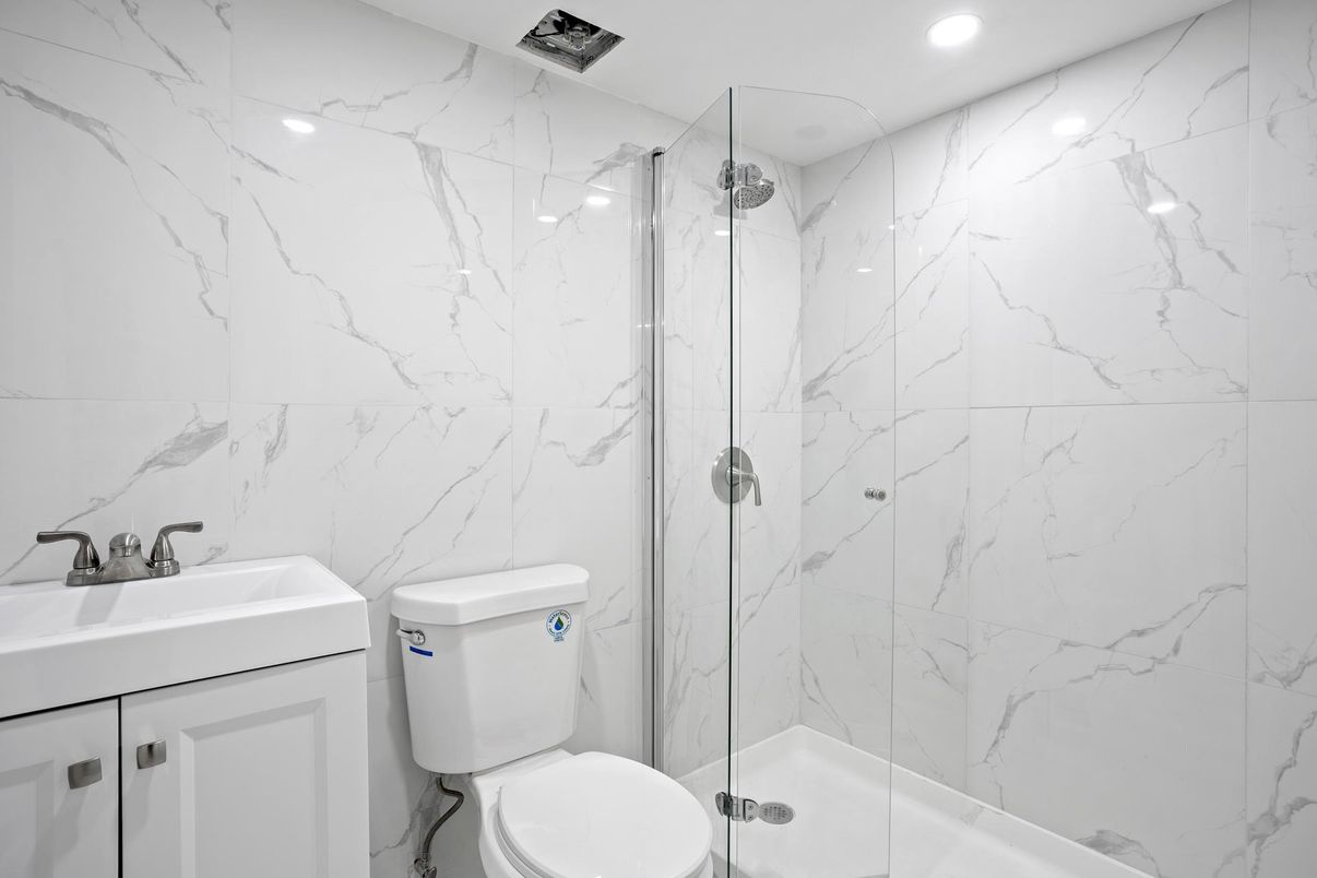 Bathroom, Glass Shower, Interior, Marble Walls, Recessed Lighting