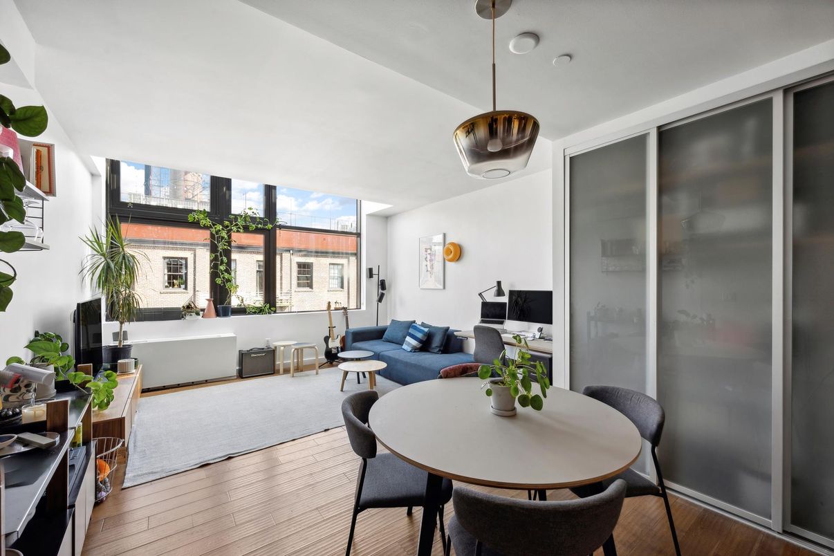 Dining room, Interior, Living room, Pendant Lights, Wood Texture Flooring