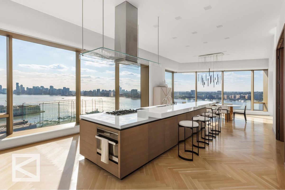 Dining room, Interior, Kitchen, Pendant Lights, Recessed Lighting, Water, Wood Texture Flooring