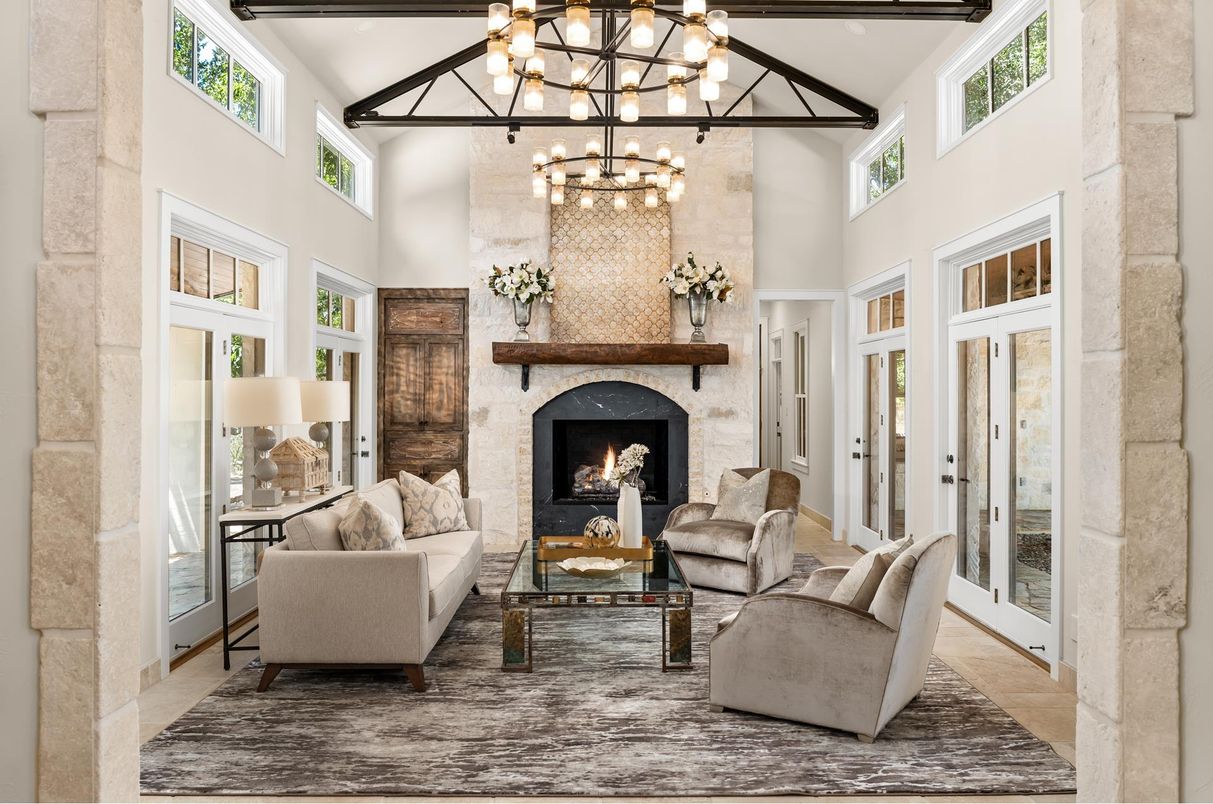 Fireplace, Interior, Living room, Pendant Lights, Stone Walls, Wooden Beams
