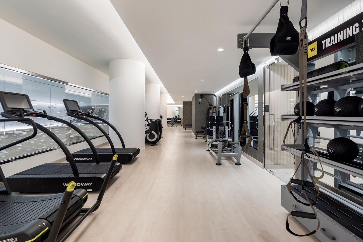 Fitness Equipment, Gym, Interior, Recessed Lighting, Wood Texture Flooring