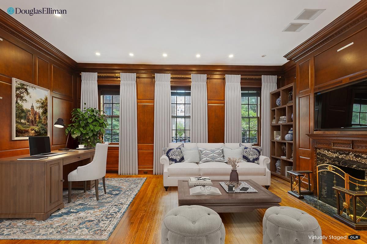 Fireplace, Home Office, Interior, Living room, Recessed Lighting, Wood Texture Flooring, Wooden Walls