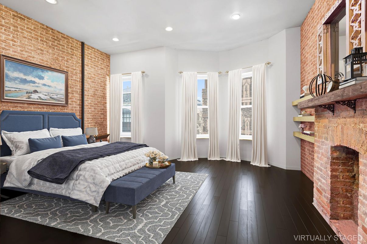 Bedroom, Fireplace, Interior, Recessed Lighting, Stone Walls, Wood Texture Flooring