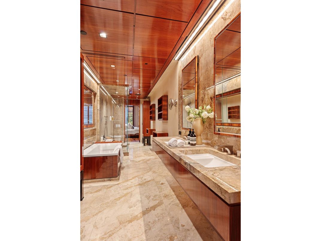 Bathroom, Dual Sink Vanities, Interior, Recessed Lighting, Wooden Ceilings