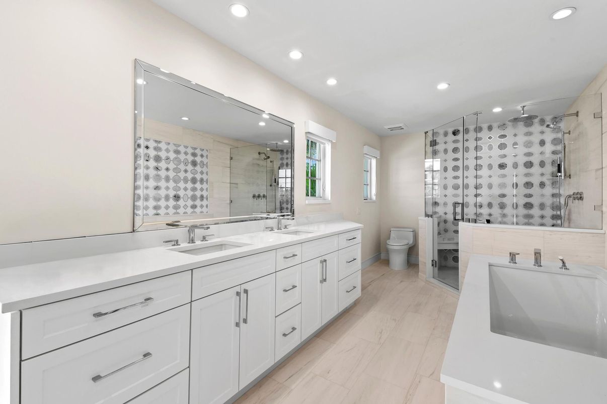 Bathroom, Dual Sink Vanities, Glass Shower, Interior, Marble, Recessed Lighting