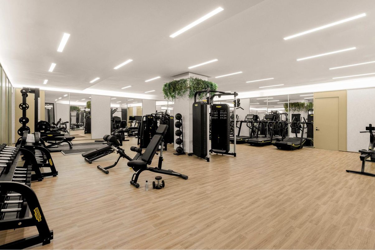 Fitness Equipment, Gym, Interior, Recessed Lighting, Wood Texture Flooring