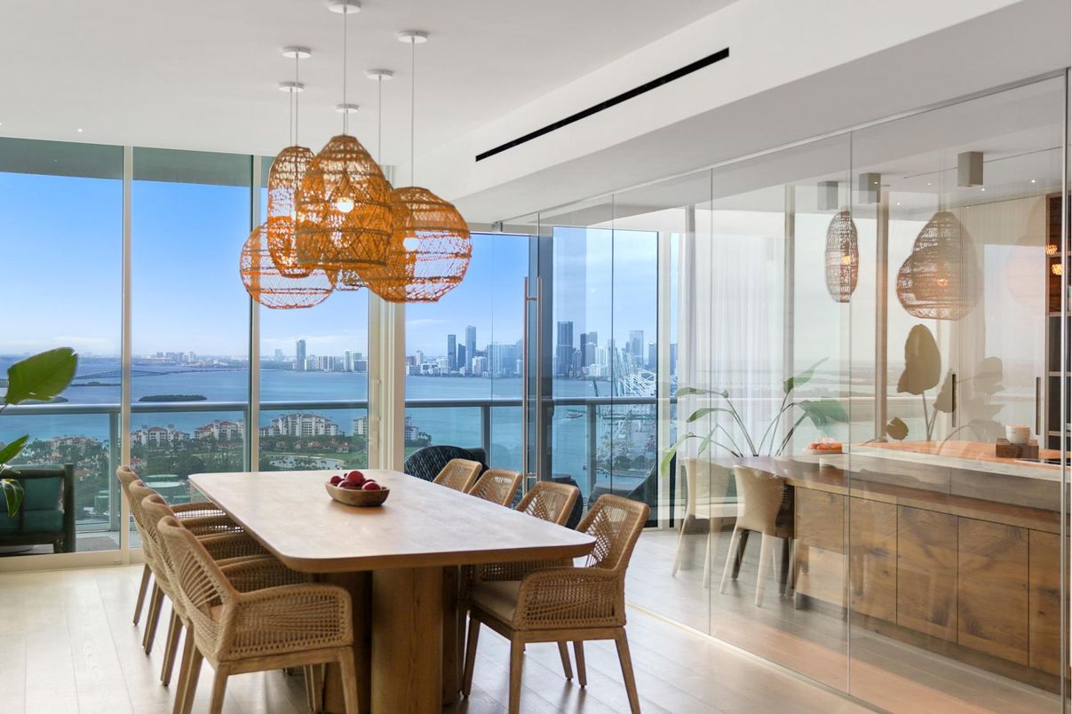 Dining room, Interior, Pendant Lights, Water, Wood Texture Flooring