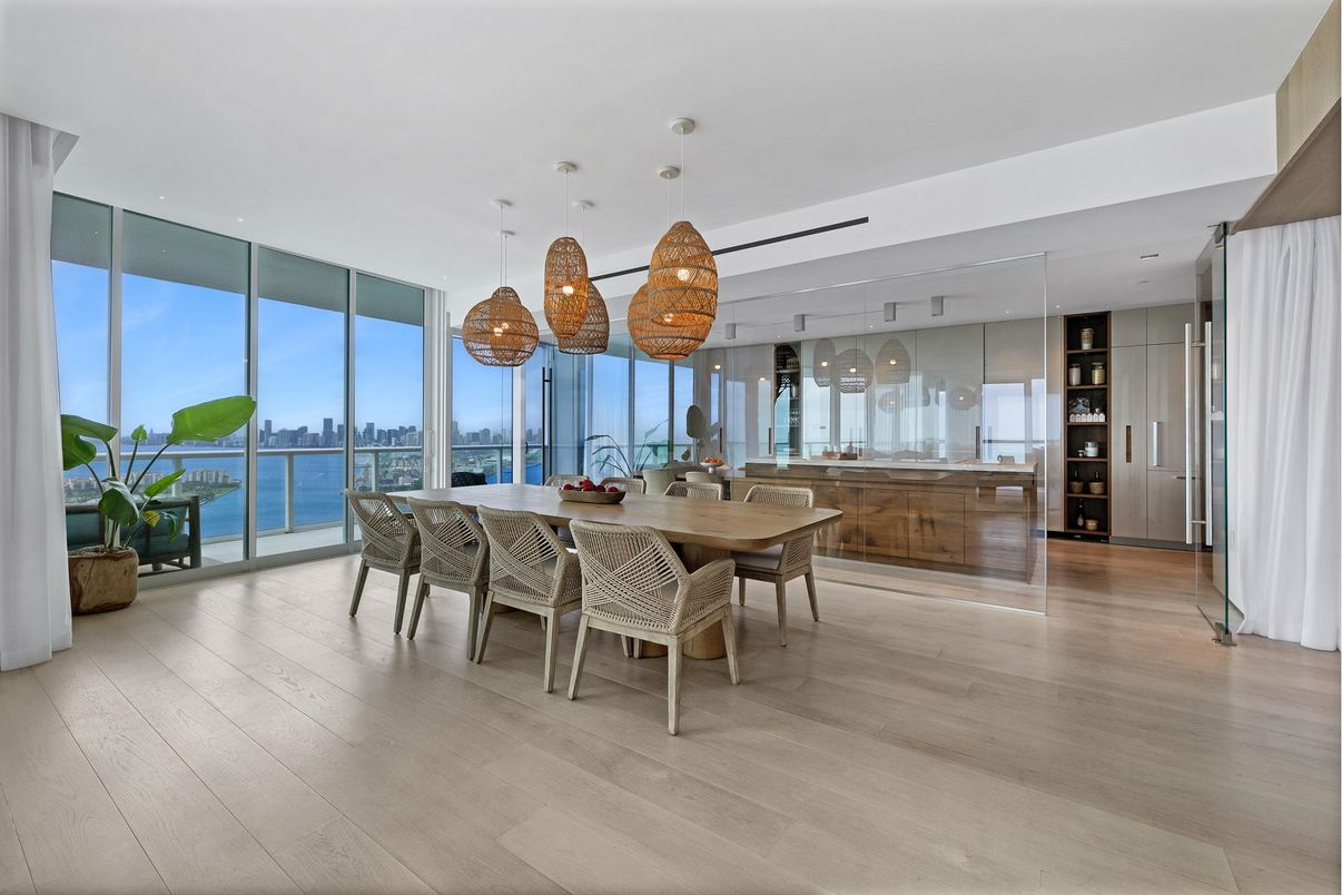 Dining room, Interior, Pendant Lights, Water, Wood Texture Flooring