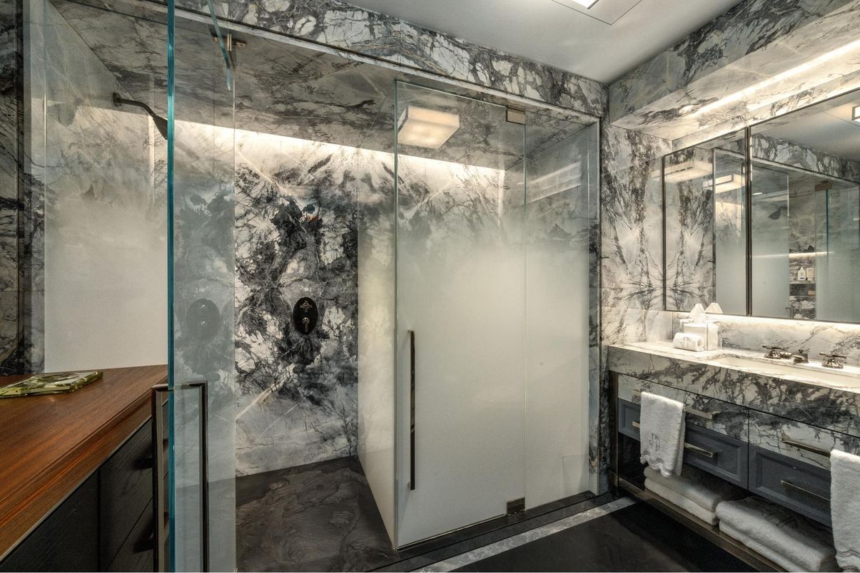 Bathroom, Glass Shower, Interior, Marble Walls