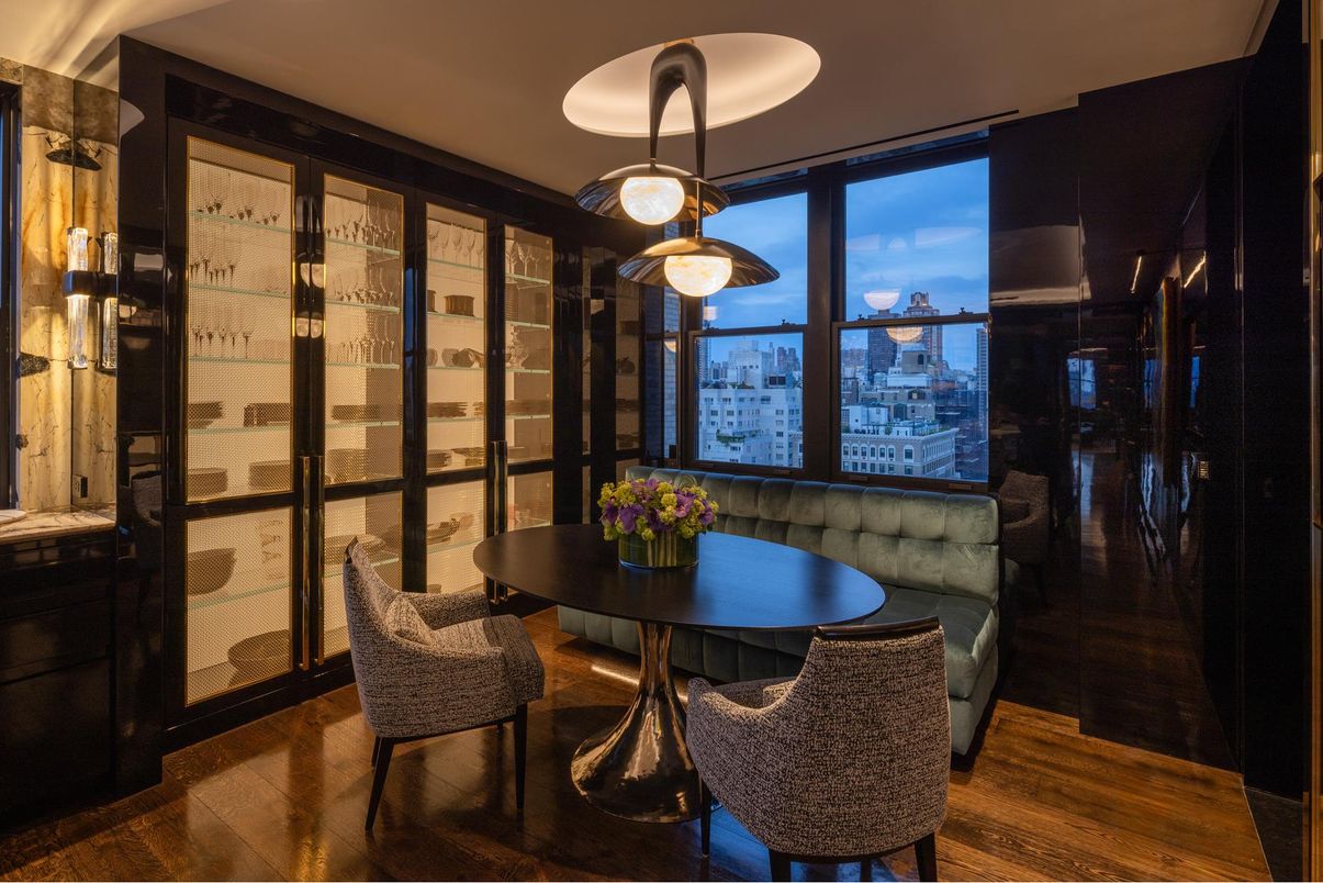 Dining room, Interior, Pendant Lights, Wood Texture Flooring