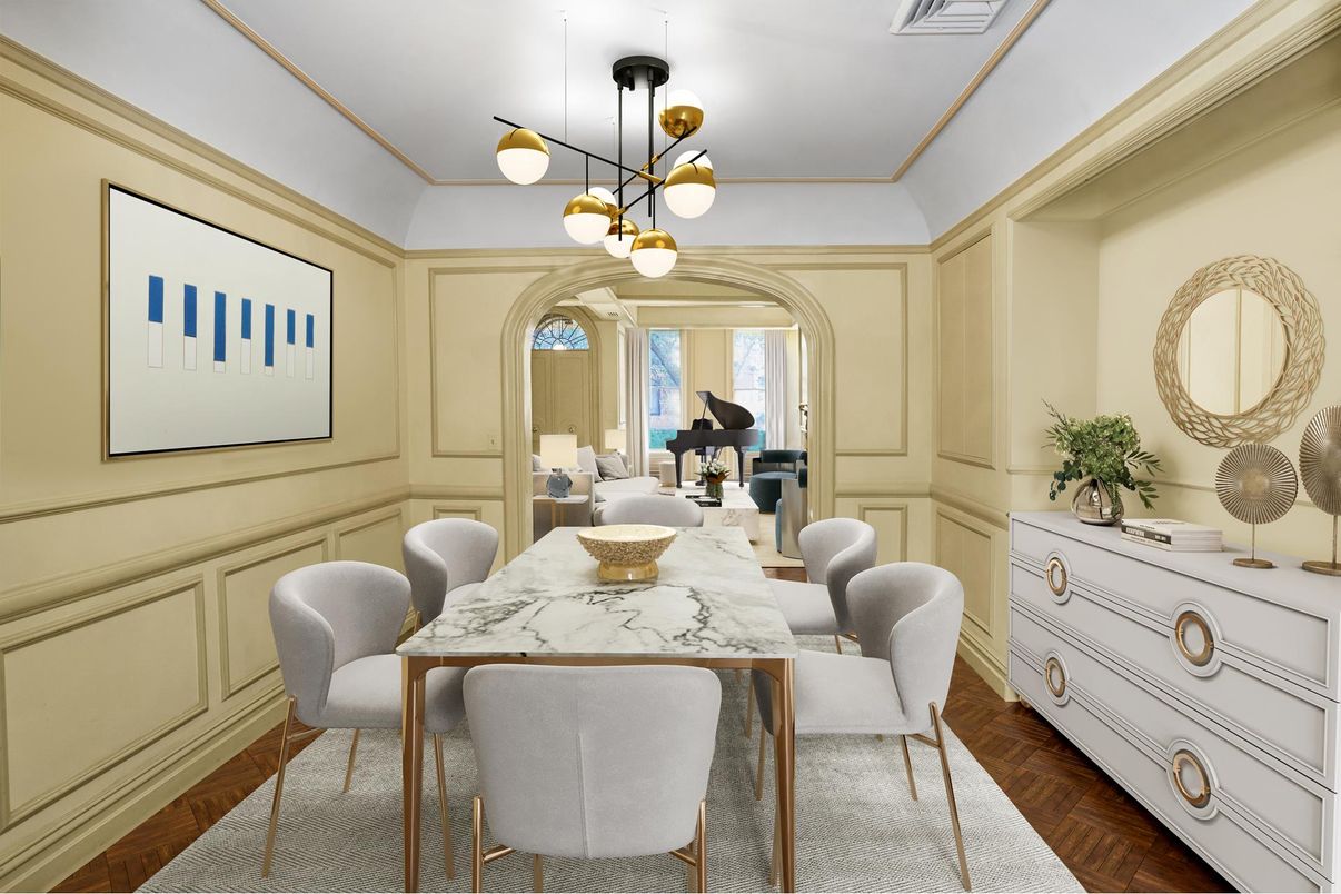 Dining room, Interior, Pendant Lights, Piano, Wood Texture Flooring