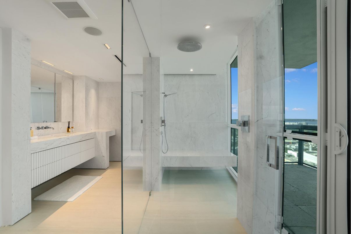 Bathroom, Glass Shower, Interior, Marble Walls, Recessed Lighting, Water