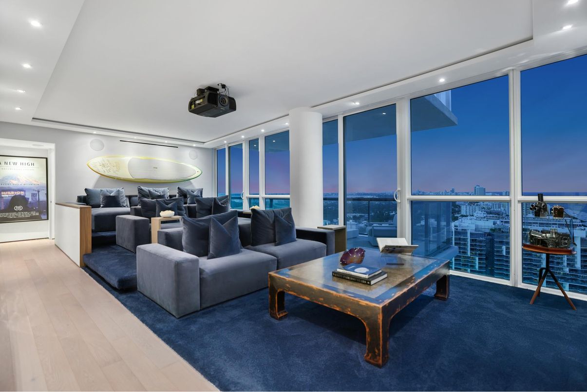 Interior, Living room, Projection Screen, Recessed Lighting, Theatre Room, Wood Texture Flooring