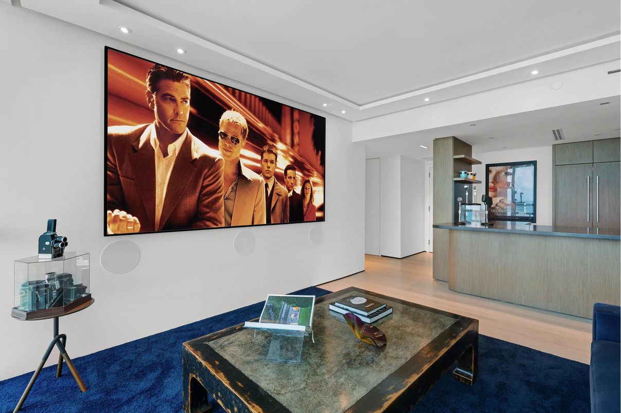 Interior, Projection Screen, Recessed Lighting, Theatre Room, Wood Texture Flooring