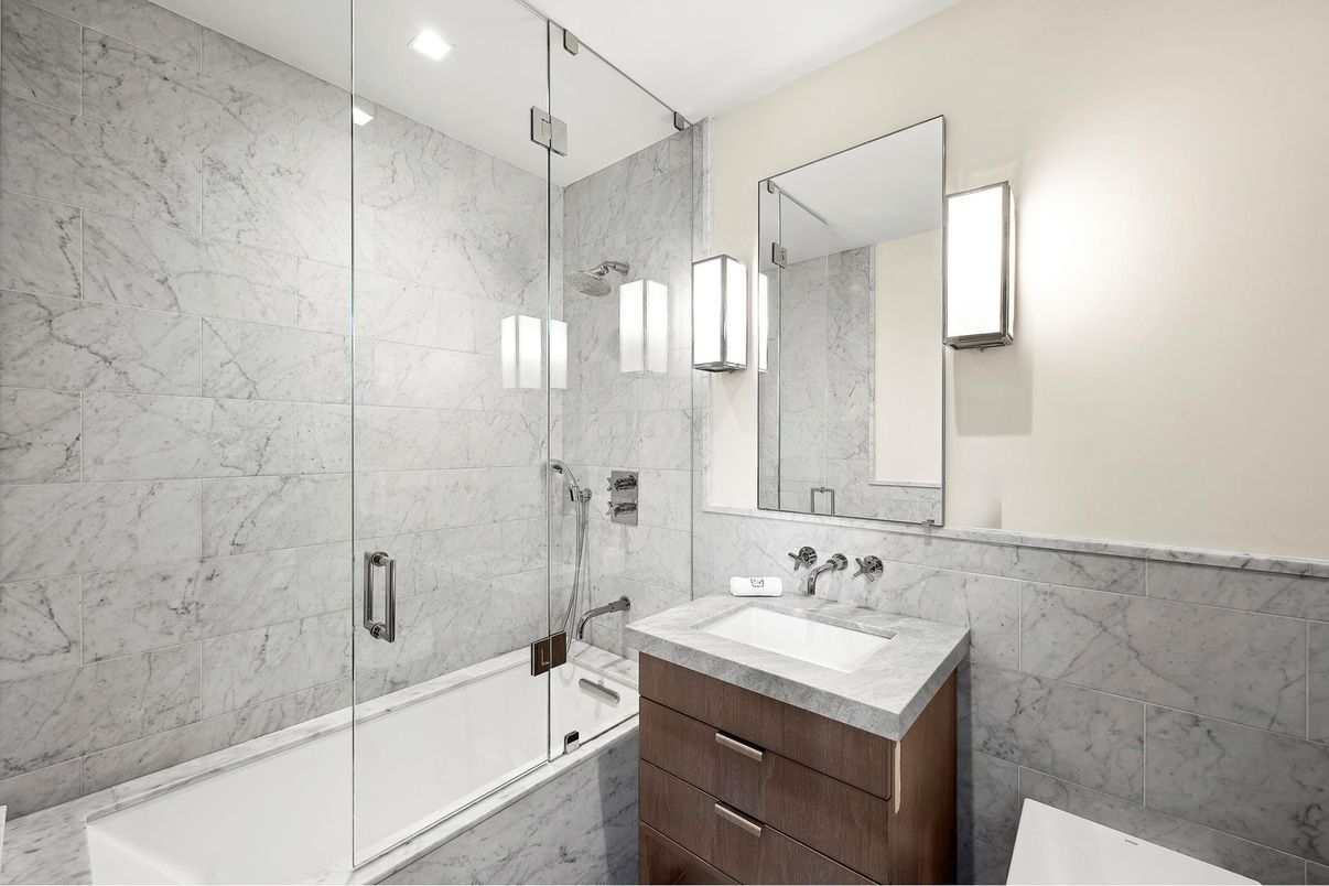 Bathroom, Glass Shower, Interior, Marble, Marble Walls, Recessed Lighting
