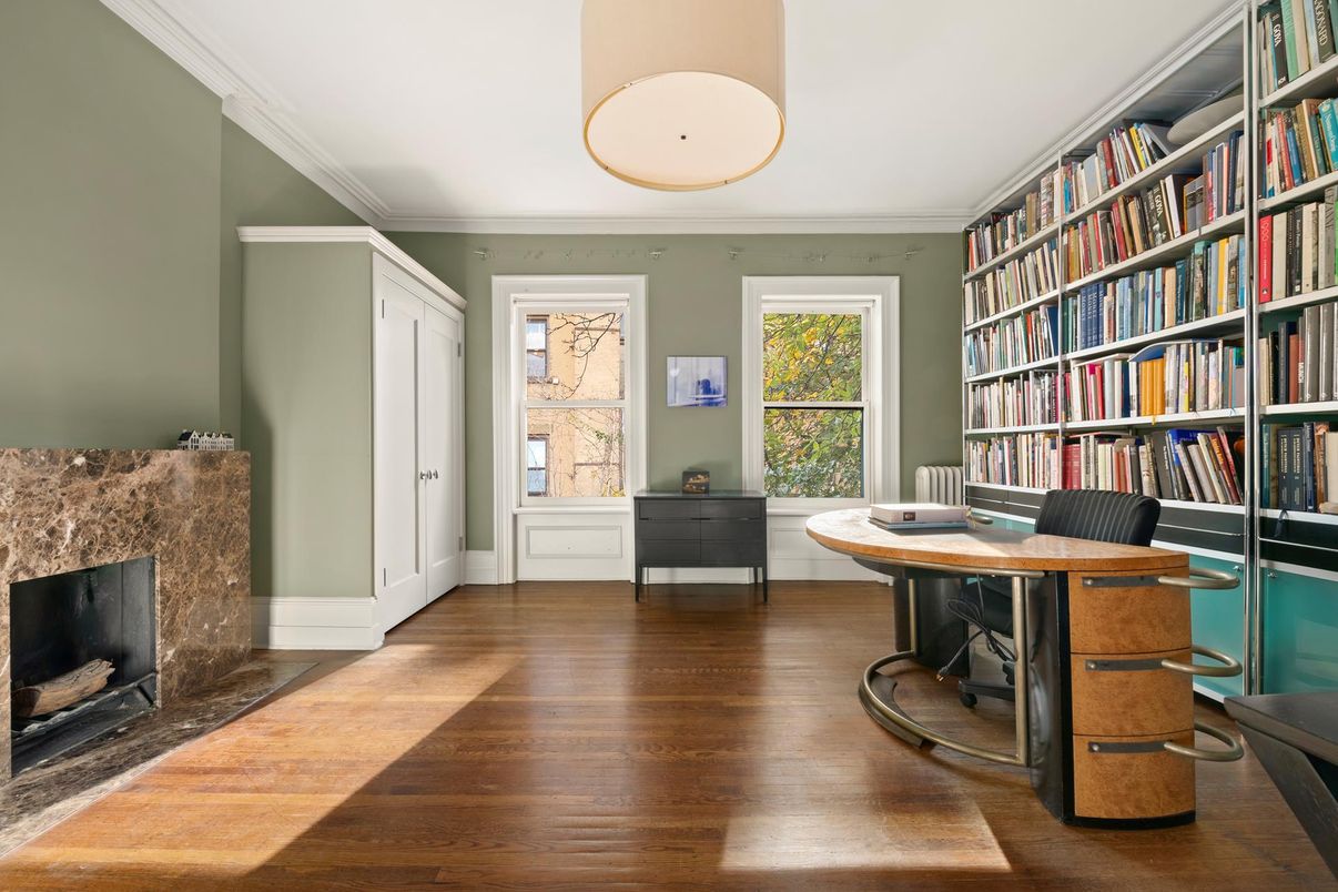 Fireplace, Home Office, Interior, Wood Texture Flooring