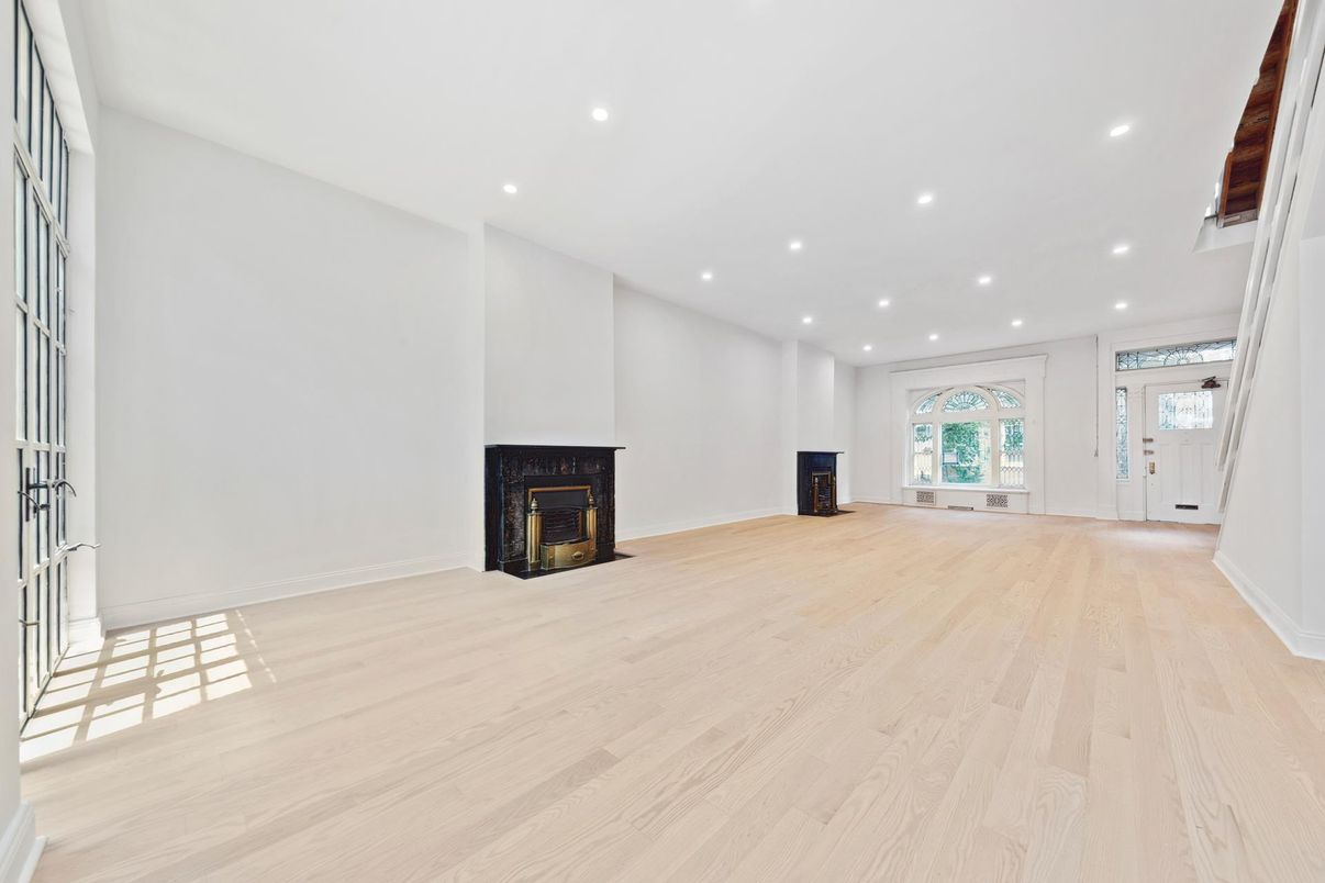 Empty room, Fireplace, Interior, Recessed Lighting, Wood Texture Flooring