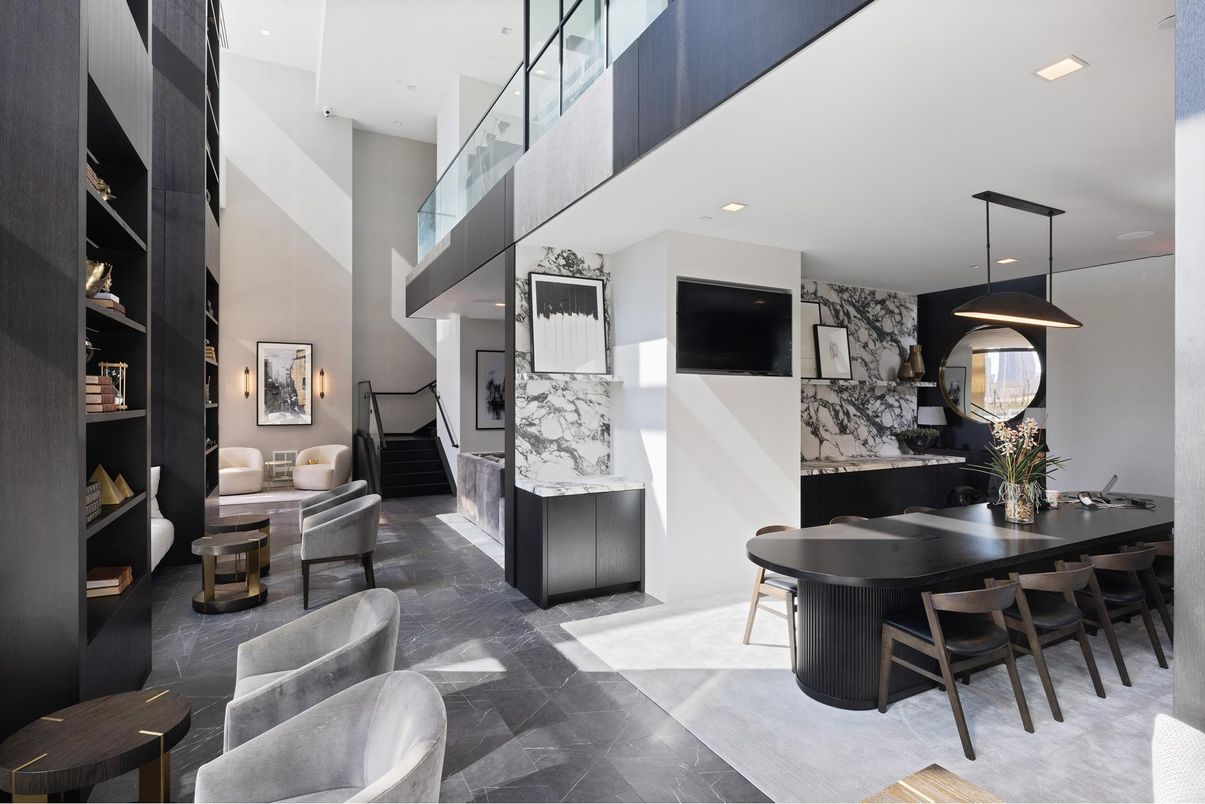 Dining room, Interior, Living room, Marble Walls, Pendant Lights, Recessed Lighting