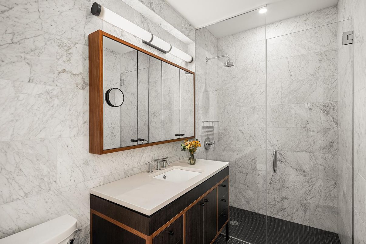 Bathroom, Glass Shower, Interior, Marble Walls, Recessed Lighting