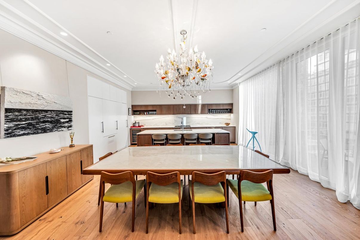 Chandelier, Dining room, Interior, Kitchen, Recessed Lighting, Stainless Steel Appliances, Wood Texture Flooring