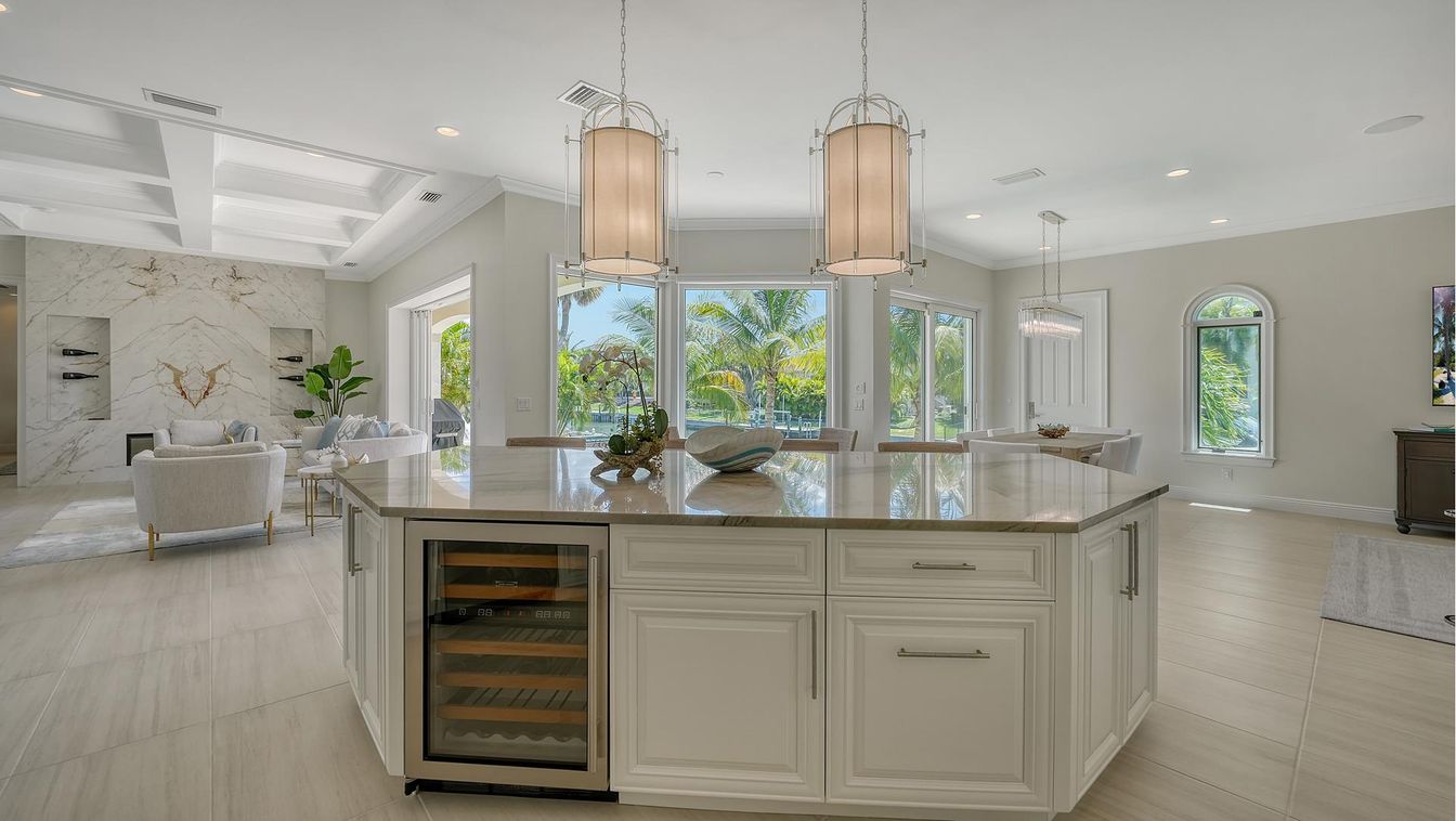 Dining room, Interior, Kitchen, Marble Walls, Pendant Lights, Recessed Lighting, Wood Texture Flooring