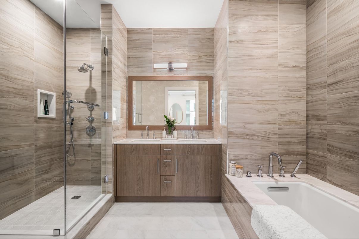 Bathroom, Dual Sink Vanities, Glass Shower, Interior, Marble