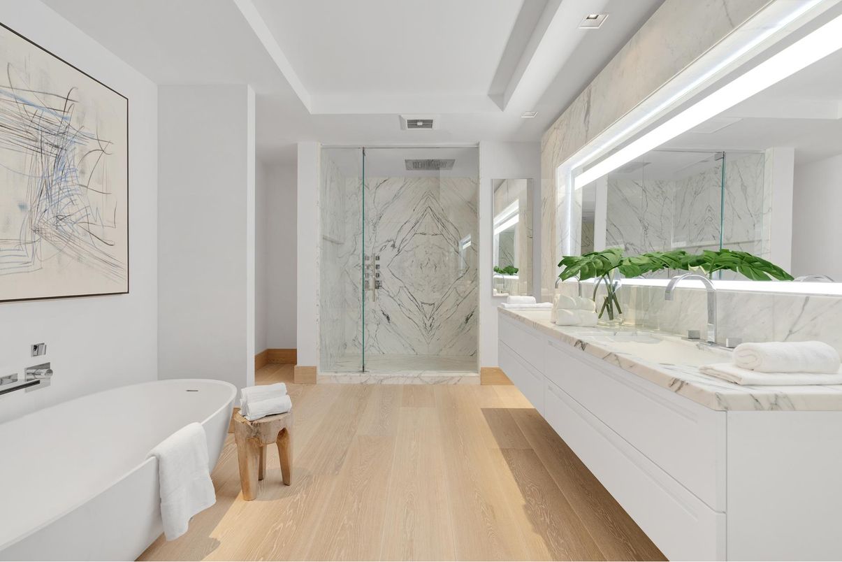 Bathroom, Free Standing Baths, Glass Shower, Interior, Marble, Marble Walls, Wood Texture Flooring