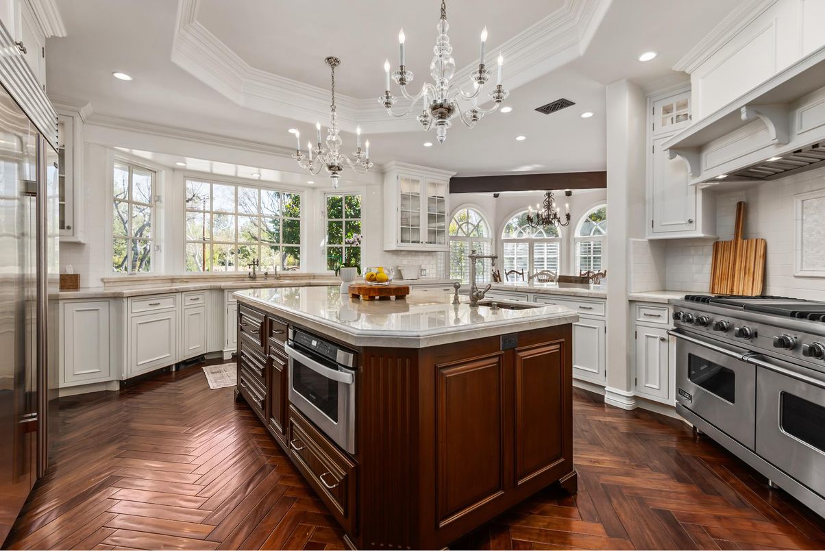 Chandelier, Interior, Kitchen, Recessed Lighting, Stainless Steel Appliances, Wood Texture Flooring