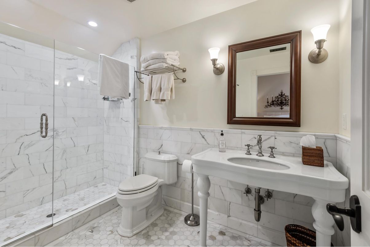 Bathroom, Glass Shower, Interior, Marble Walls, Recessed Lighting